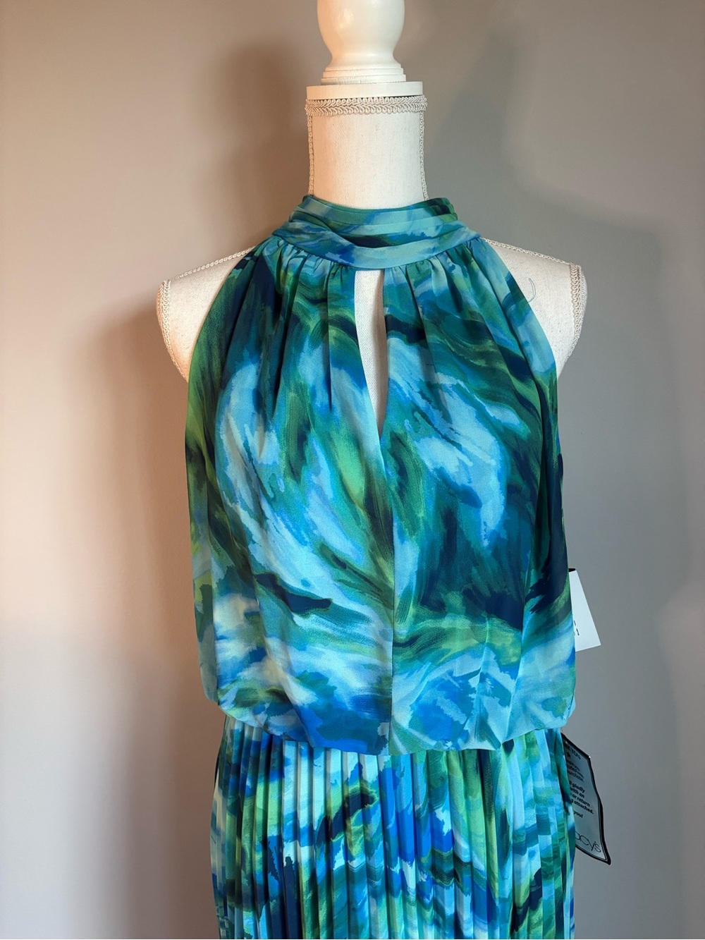 Xscape Blue & Green  Pleated Halter Maxi Dress